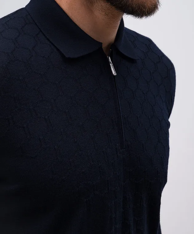 Bertolo Cashmere Blue wool and silk polo in a woven geometric pattern