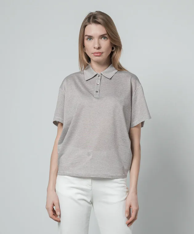 Peserico Brown striped polo shirt with monil chain