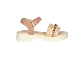 Sandalia Taupe Pala Tira Rafia Adorno Cadena Hilos Blanco/rosa Metal
