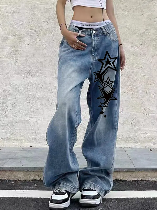 Vaqueros boyfriend de pernera ancha azul vintage con estampado de estrellas